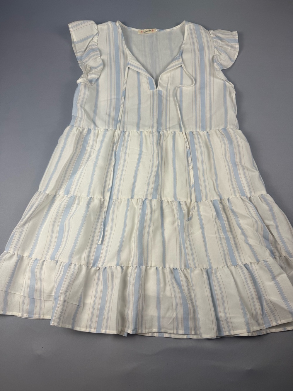 Magnolia Boutique Blue Stripe Tiered Babydoll Dress L Boho Cottagecore